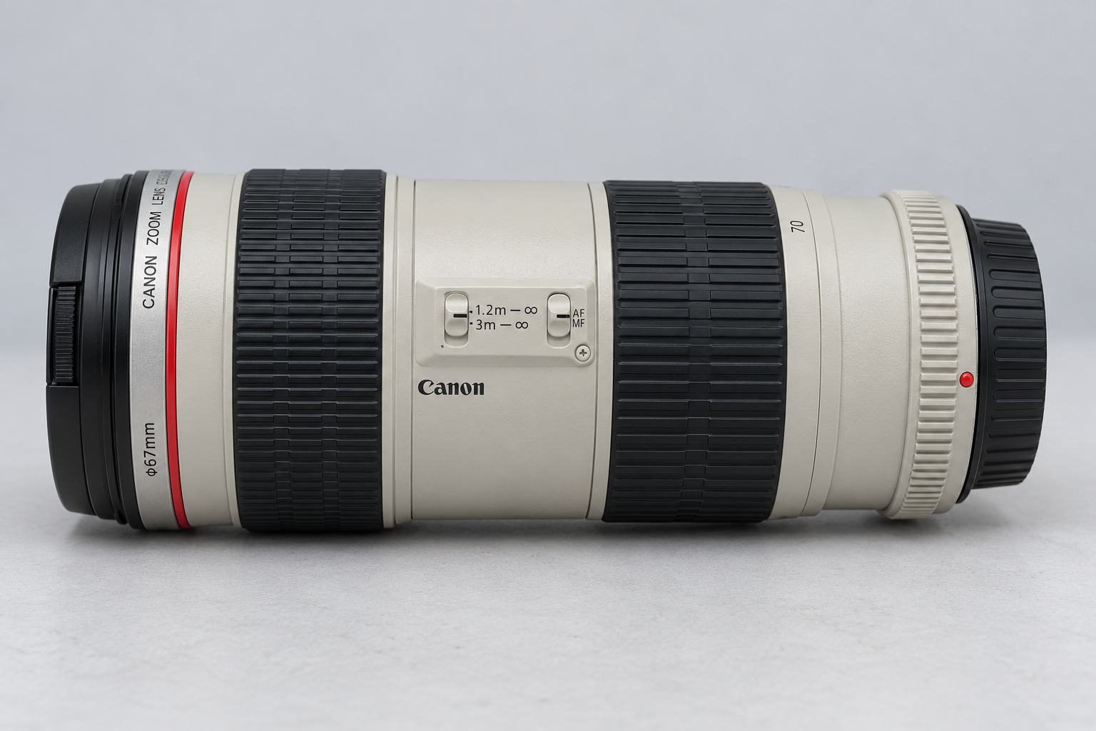 佳能EF 70-200mm f/4 L USM无IS原版横向型号图，展示两开关侧与67mm标识