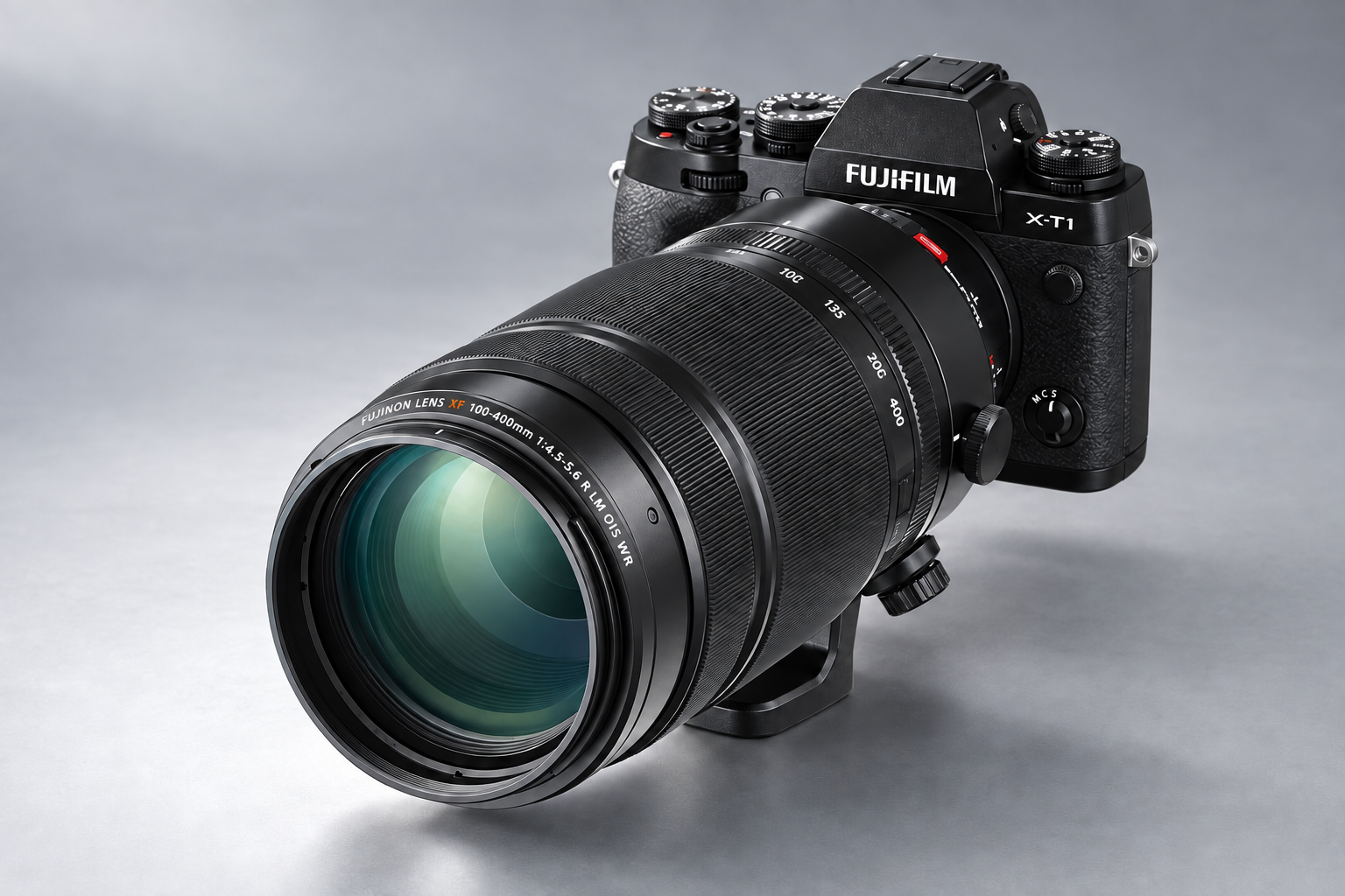 富士 XF 100-400mm 镜头连接示意X-T1机身，横版型号图