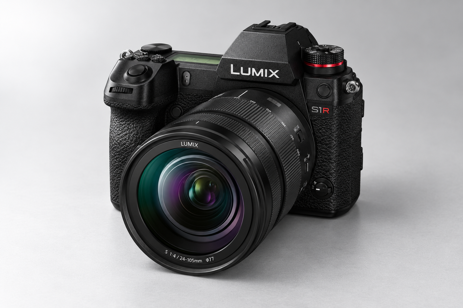 第一代松下 LUMIX S1R机身与示意24-105mm镜头，横版型号图
