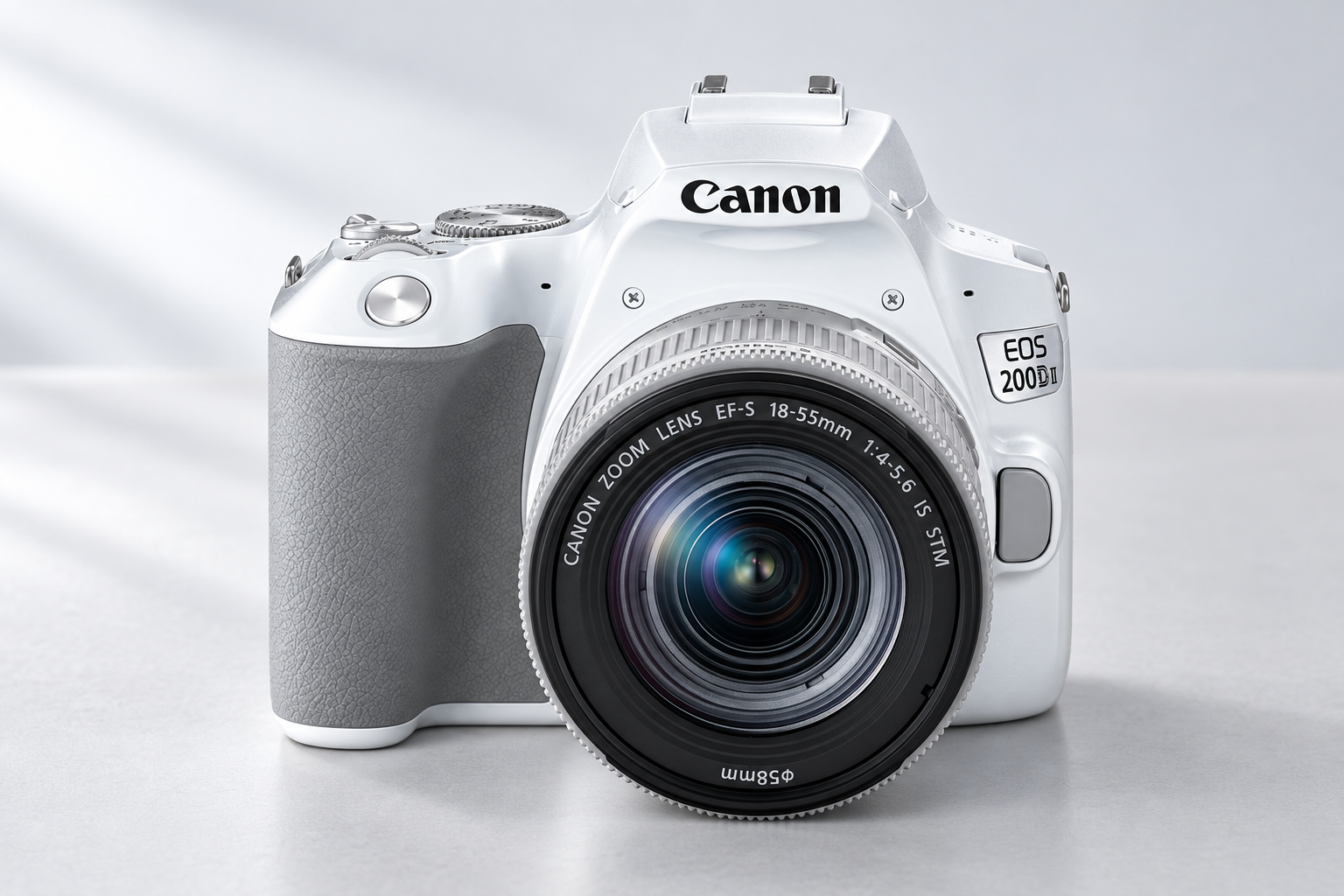 佳能 EOS 200D II 白色单反机身及示意EF-S镜头，横版型号图