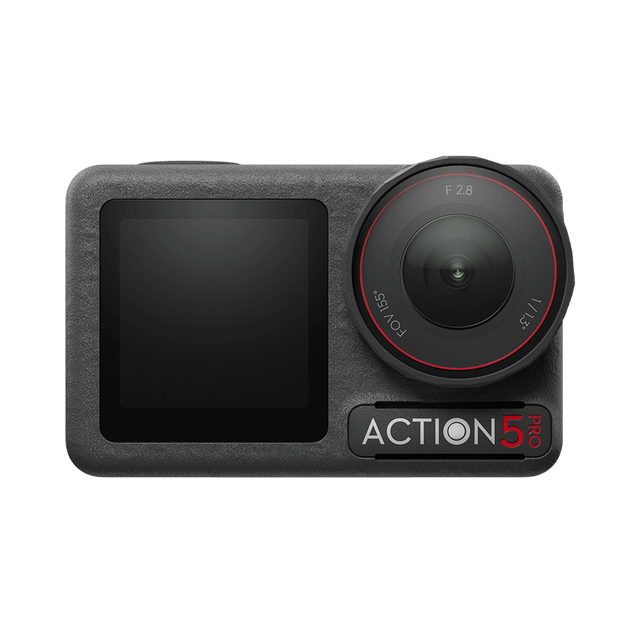 大疆 Osmo Action 5 Pro 相机正面实物图,可见镜头、屏幕与型号标识