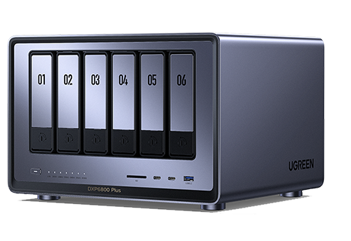 绿联 DXP6800 Plus NAS 正面实物图，可见六个硬盘位与 UGREEN 标识