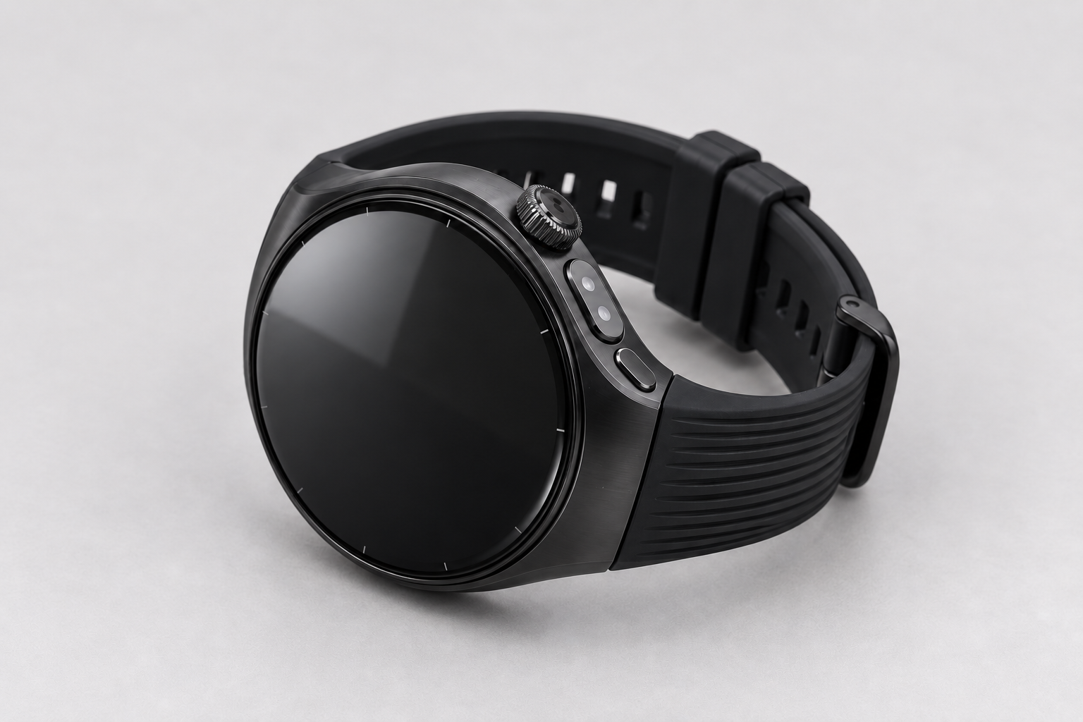华为WATCH 5苍穹黑46mm不锈钢表壳与黑色表带型号图，展示表冠、X-TAP窗和下键