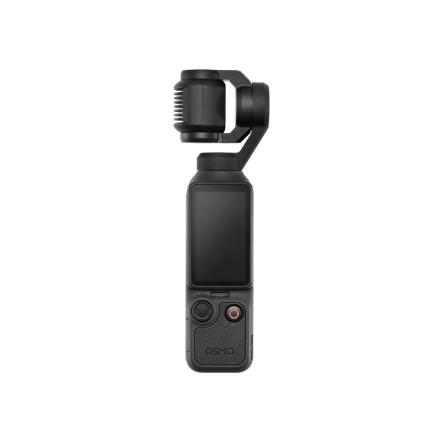 大疆 Osmo Pocket 4 云台相机正面实物图，可见云台相机头、旋转屏与机身按键