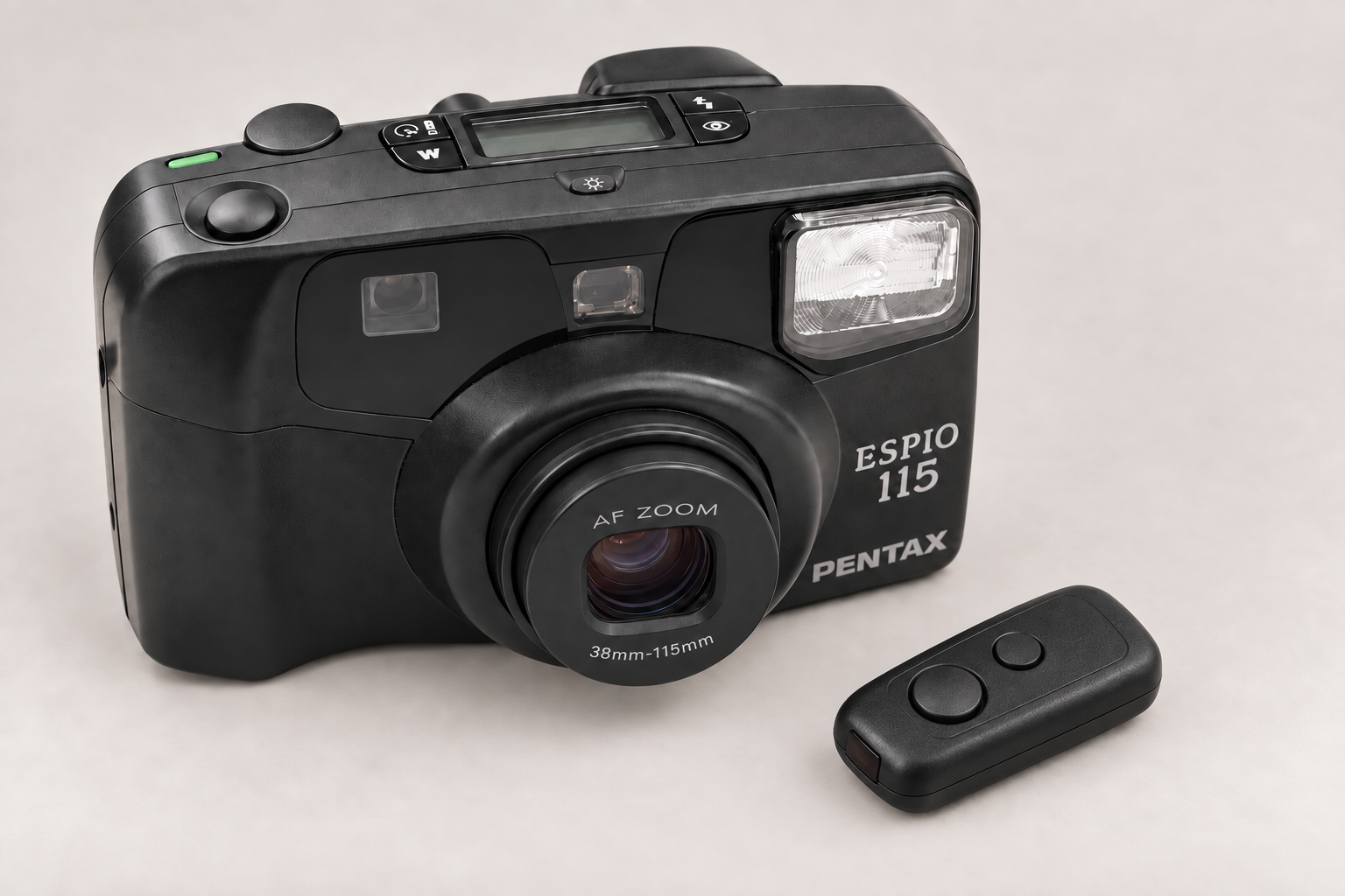 PENTAX ESPIO 115 胶片相机与原装双按钮遥控器原创型号展示图