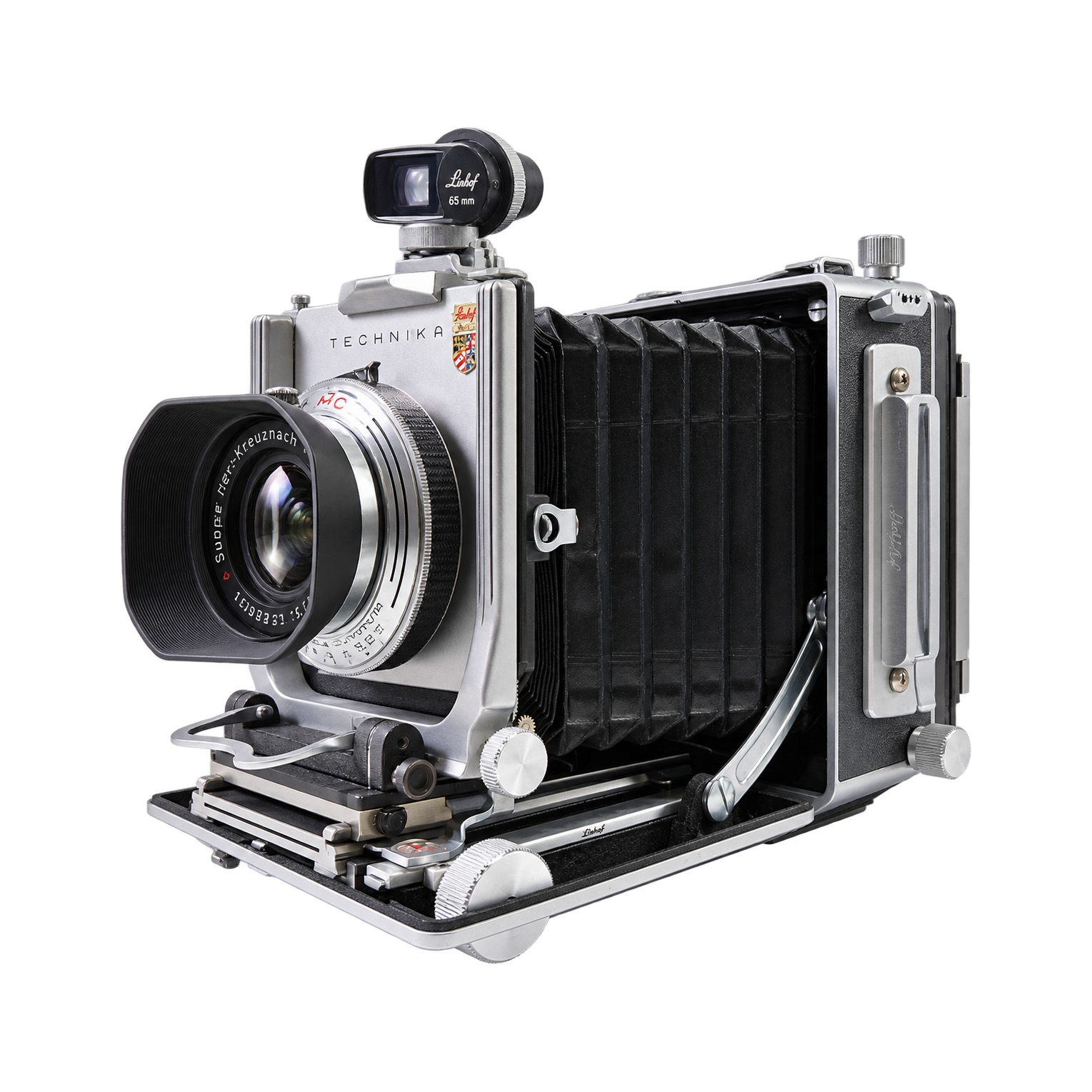 林哈夫4x5快拍机+施耐德双银环65mm/f5.6大画幅镜头+65头原装取景器（配4x5和612蒙片）+linhof原装后组（原装遮光罩）型号图