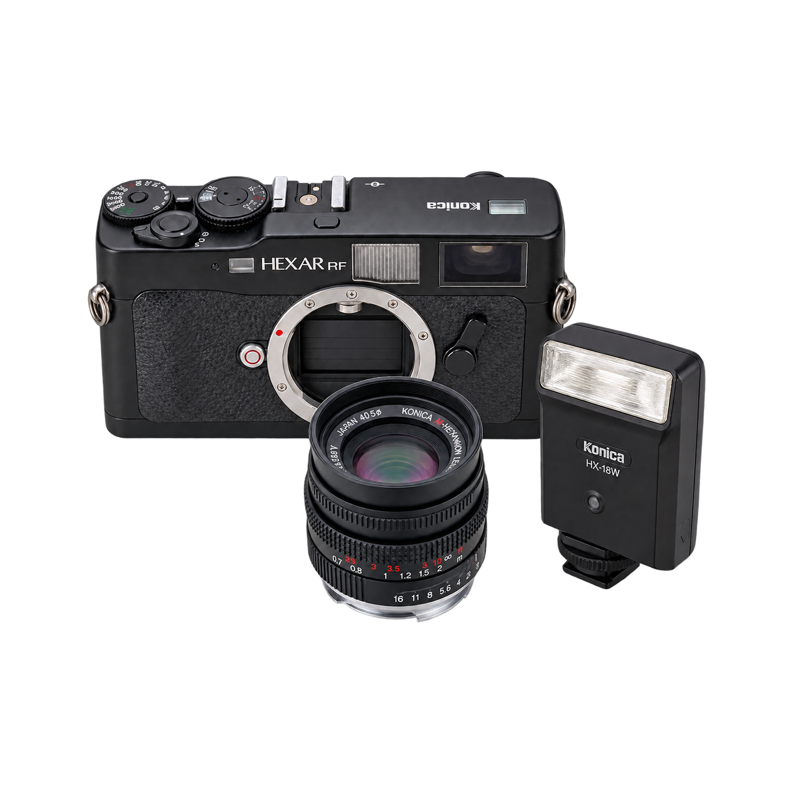 柯尼卡巧思Konica HEXAR RF BLACK胶片相机+M-Hexanon50mm/f2+Konica HX-18W闪光灯套装型号图