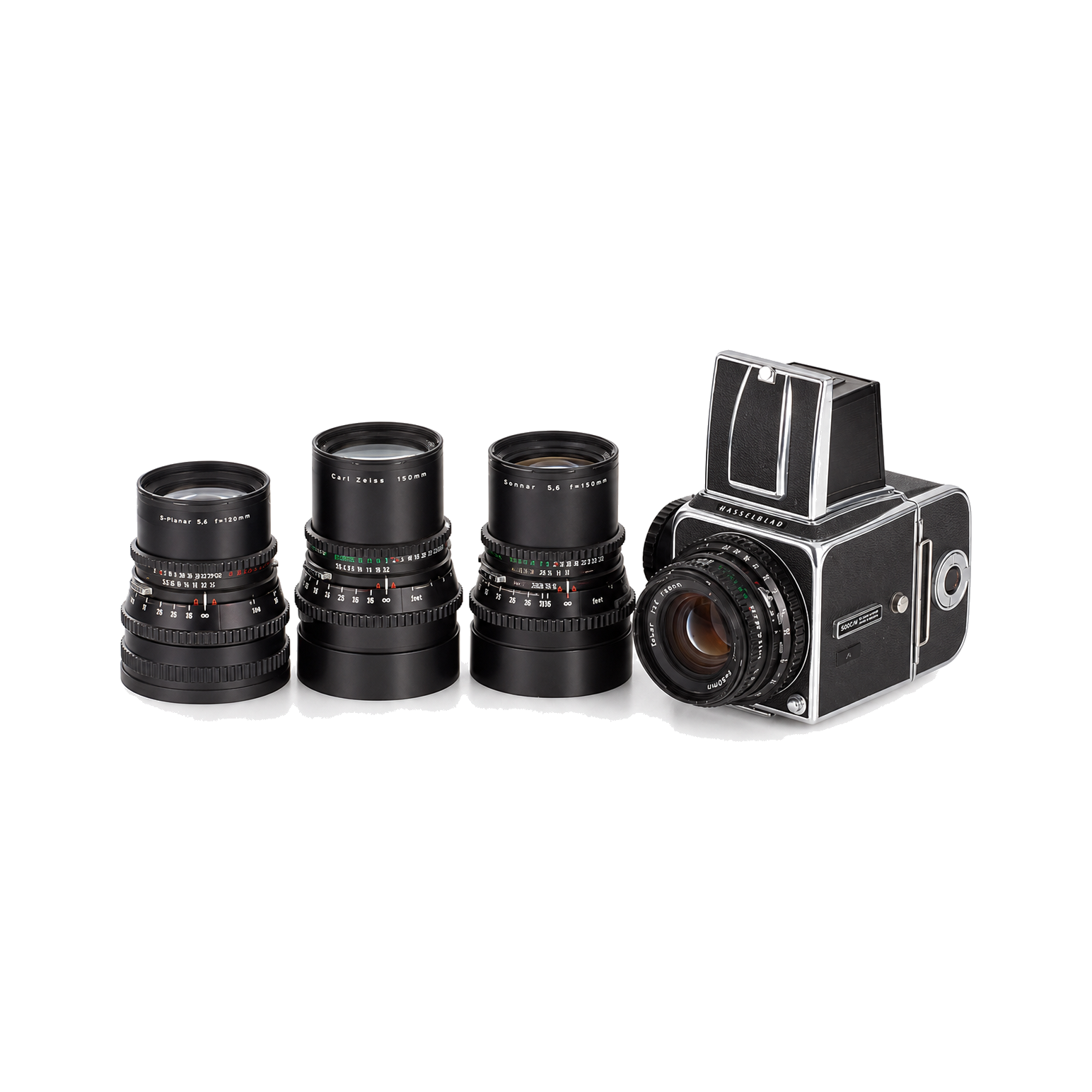 哈苏500C/M+哈苏后期4代A12胶片后背+哈苏C50mm/f4+哈苏S-Planar C120mm/f5.6+C150mm/f4+C150mm/f5.6型号图