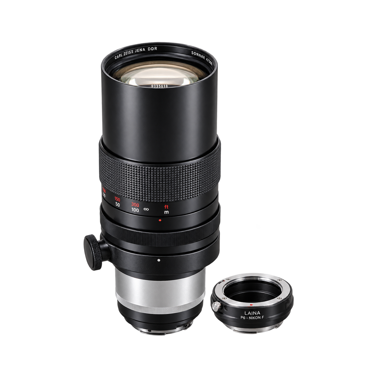 蔡司AUS JENA DDR300mm/f4手动镜头（P6卡口）+Laina P6转尼康F转接环型号图
